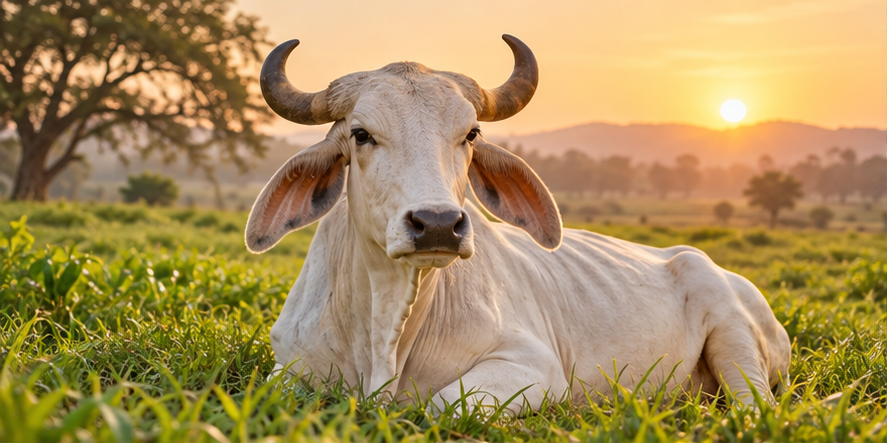 A rescued cow resting peacefully in a green field